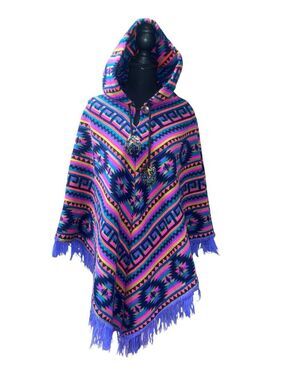 Southwestern Native American bright colorful geometric fringe hooded poncho